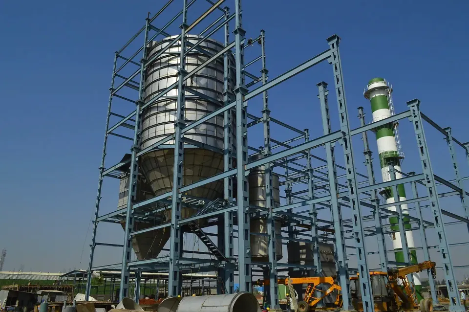 Acmefil effluent spray dryer for zero liquid discharge, under erection in a blue steel structure