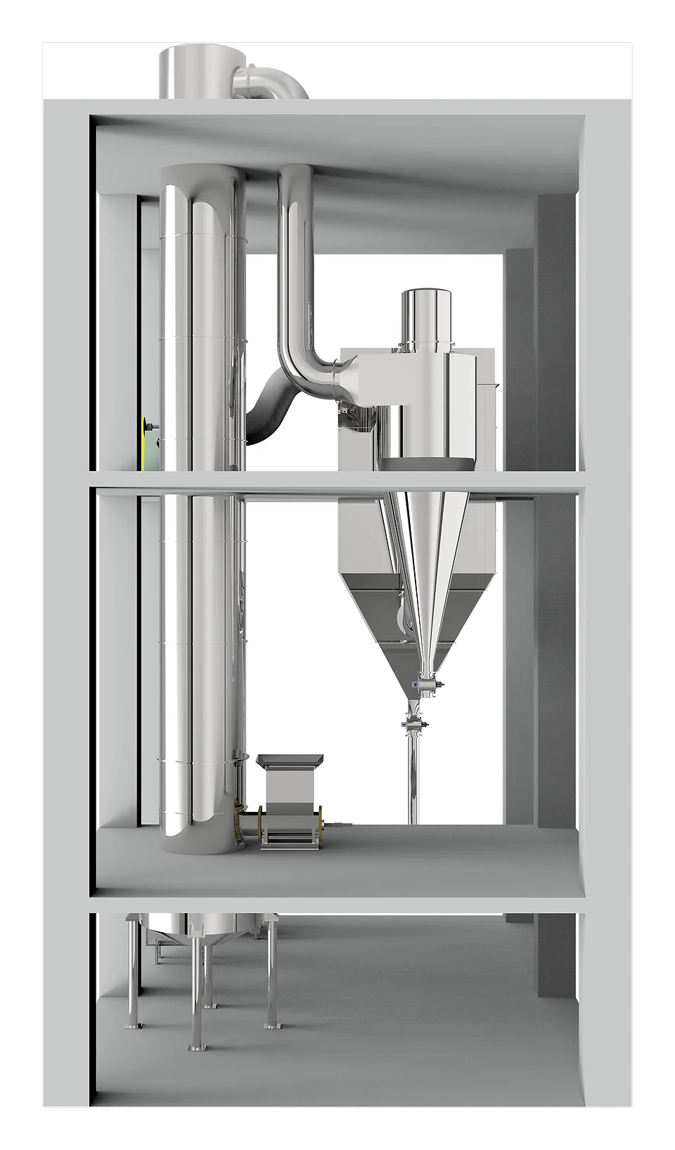 Side elevation of an Acmefil spin flash drying plant: drying chamber, screw feeder, cyclone and bag filter