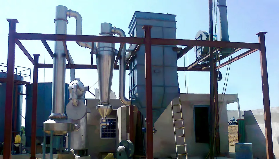 Acmefil spin flash dryer under erection: drying chamber, cyclone, bag filter and ID fan